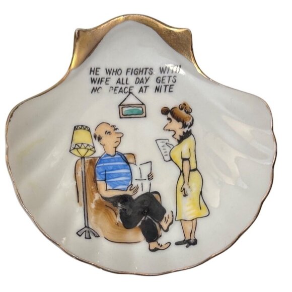 Vtg Porcelain Shell-Shaped Dish Ashtray Comical Cartoon He Who Fights With Wife - Picture 1 of 5